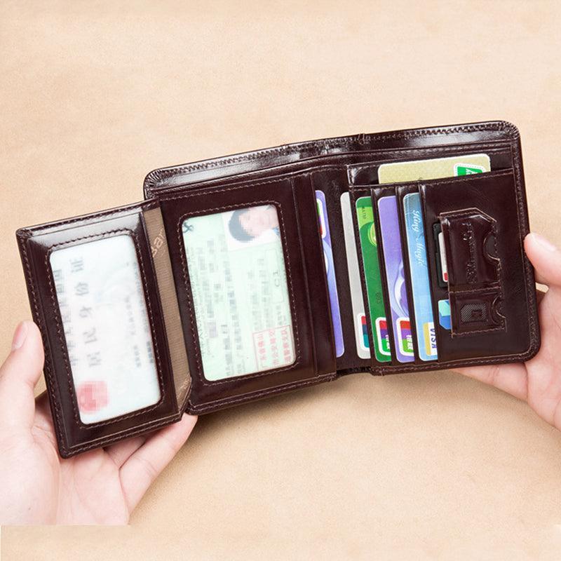 Billetera compacta de cuero marrón con 6 ranuras para tarjetas y espacio para billetes