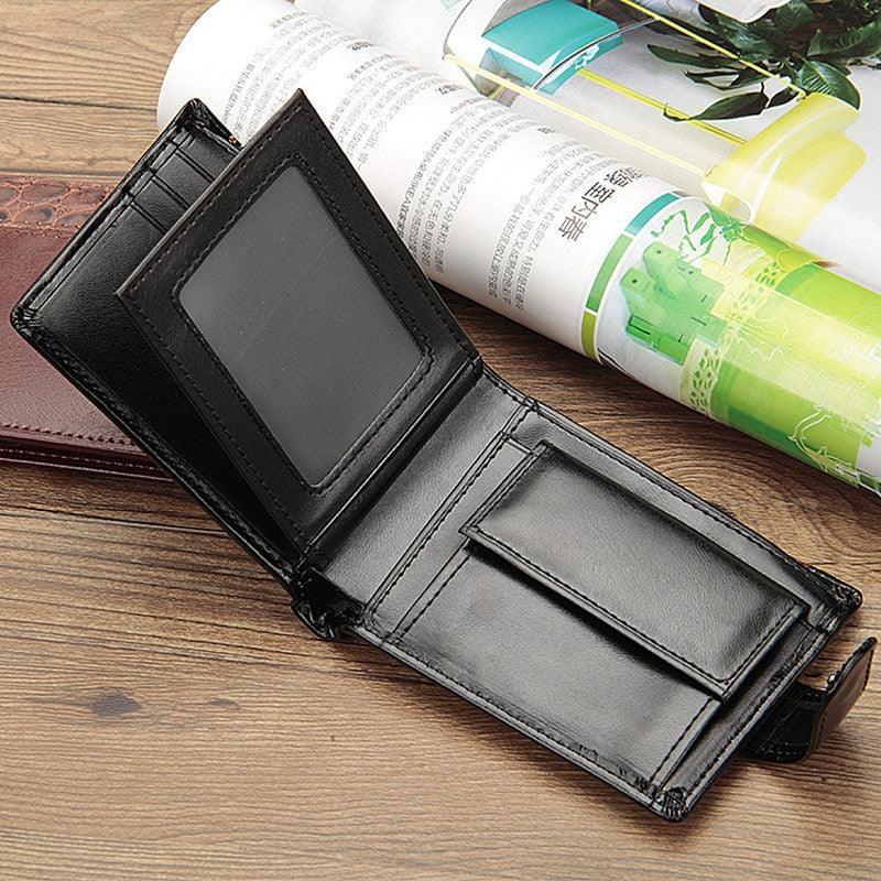 Cartera masculina de cuero PU negra abierta, con compartimentos para tarjetas e identificación