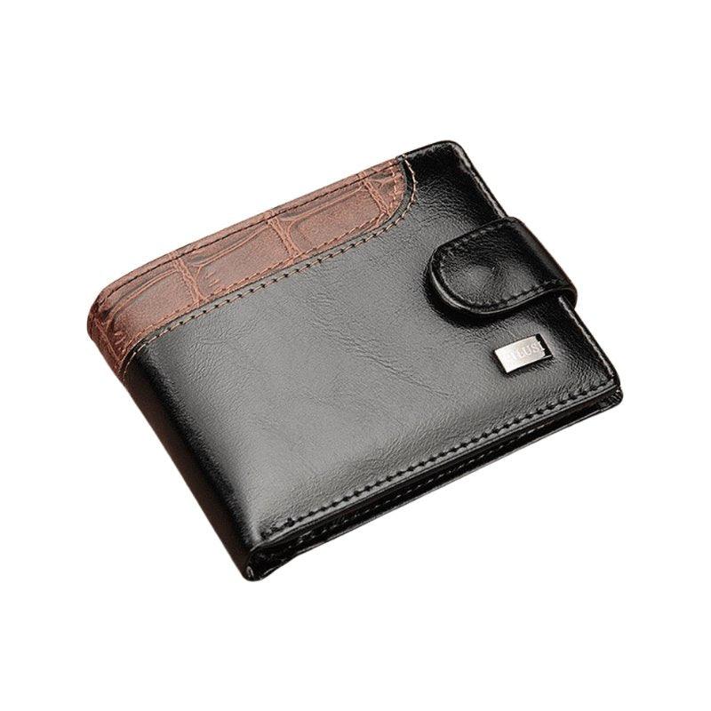 Cartera para hombre compacta de cuero PU negra y marrón con broche de seguridad.