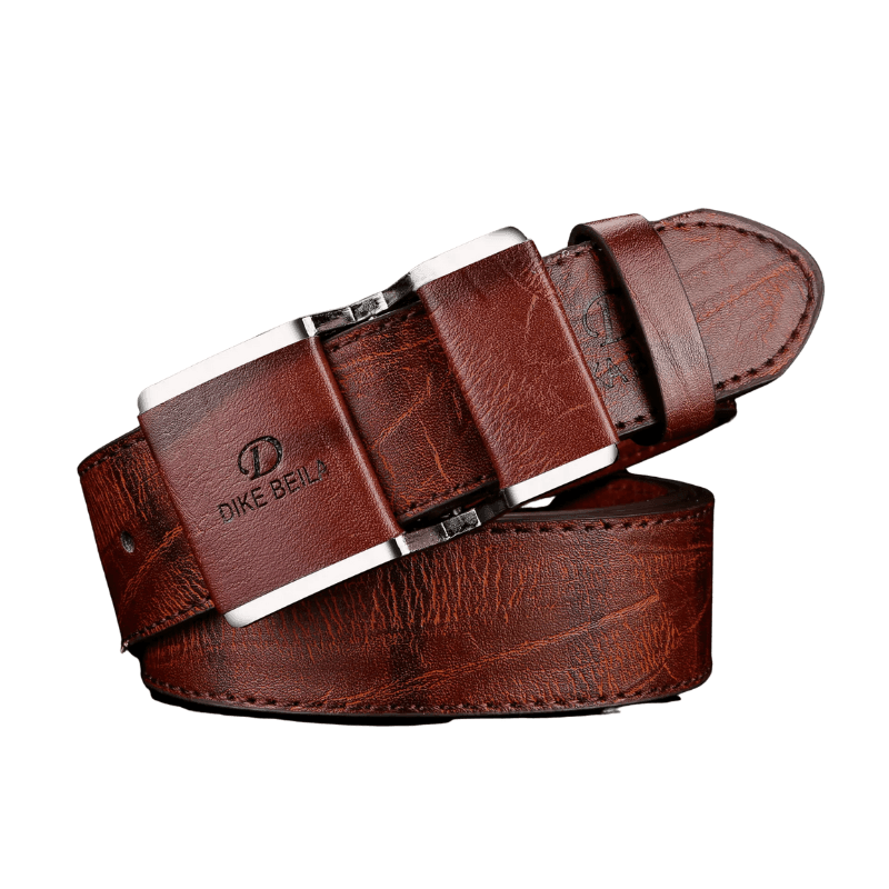 Cinturón de hombre en piel sintética marrón con hebilla metálica rectangular, estilo retro urbano.