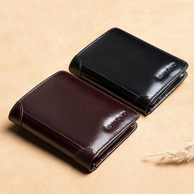 Billeteras de cuero genuino para hombre con costuras reforzadas, marrón y negra