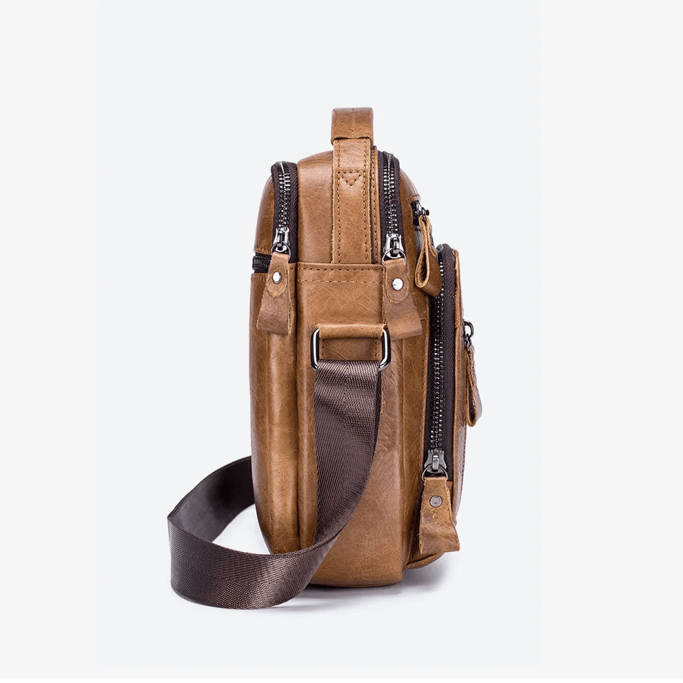 Bolso compacto de piel para hombre, marrón, con múltiples compartimentos y correa ajustable