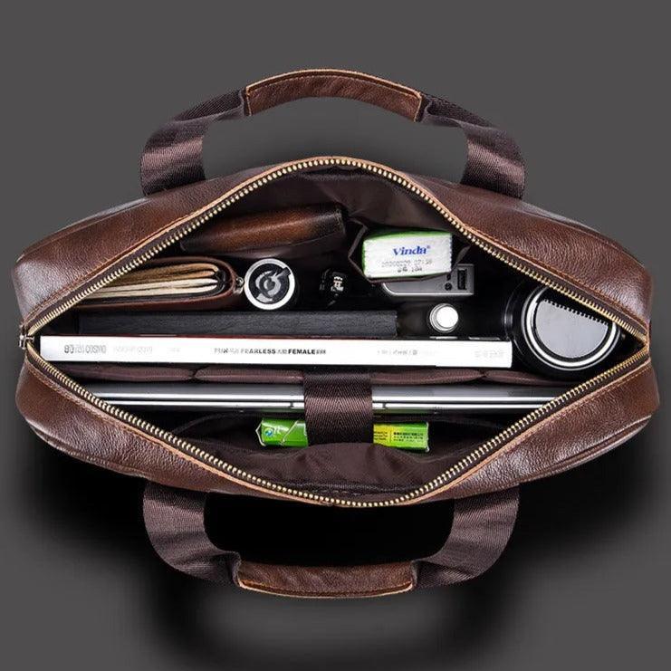 Maletín ejecutivo de piel genuina marrón con compartimento para laptop y accesorios de hombre