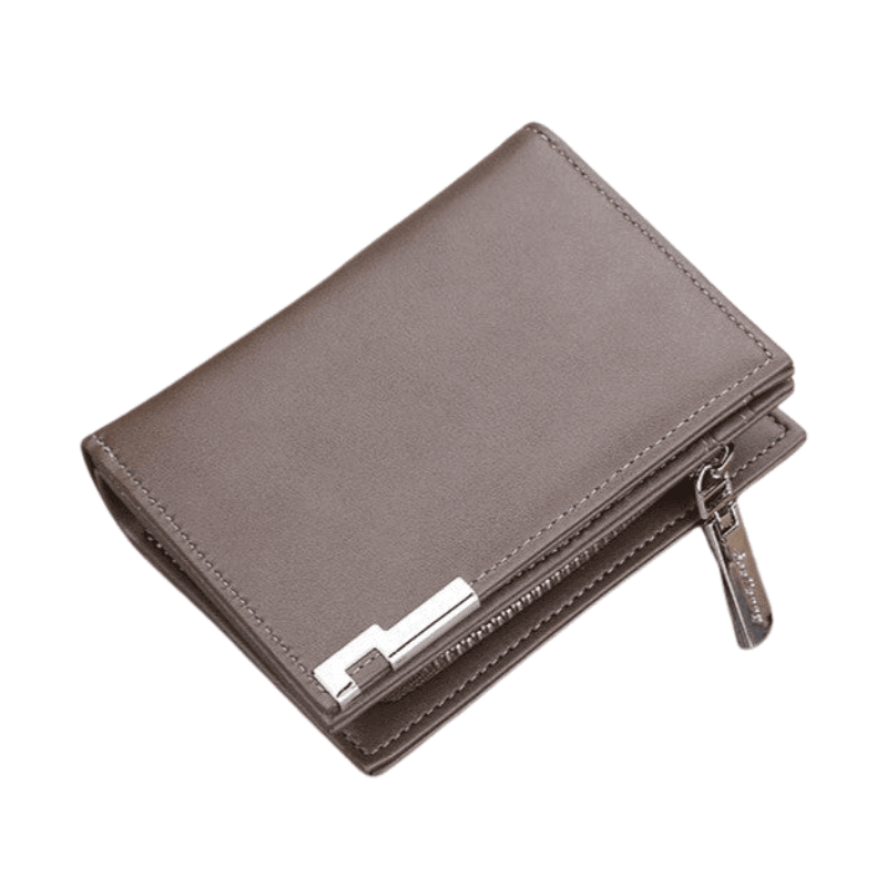 Cartera masculina de cuero color marrón con cierre, diseño moderno y elegante.