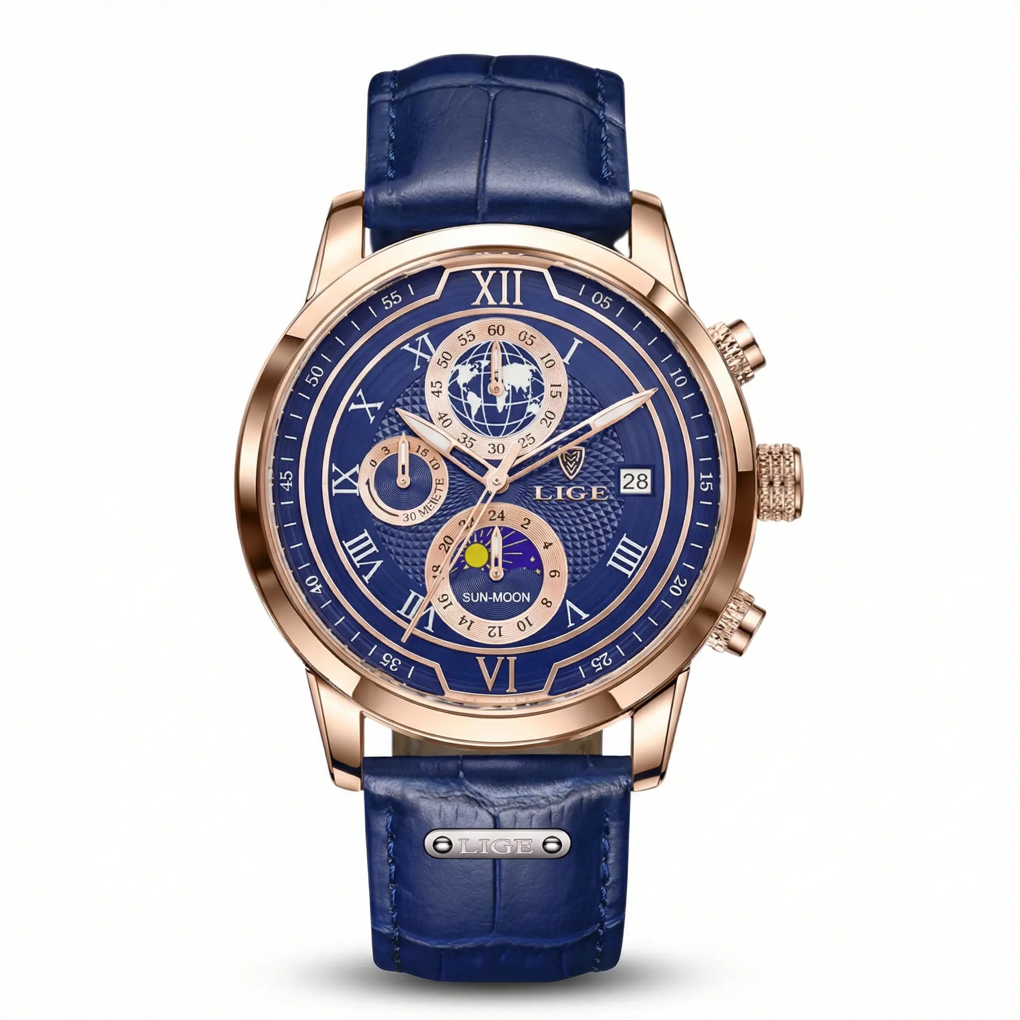 Reloj Ejecutivo Hombre Azul Rose Gold | Fase Lunar, Calendario y 30M