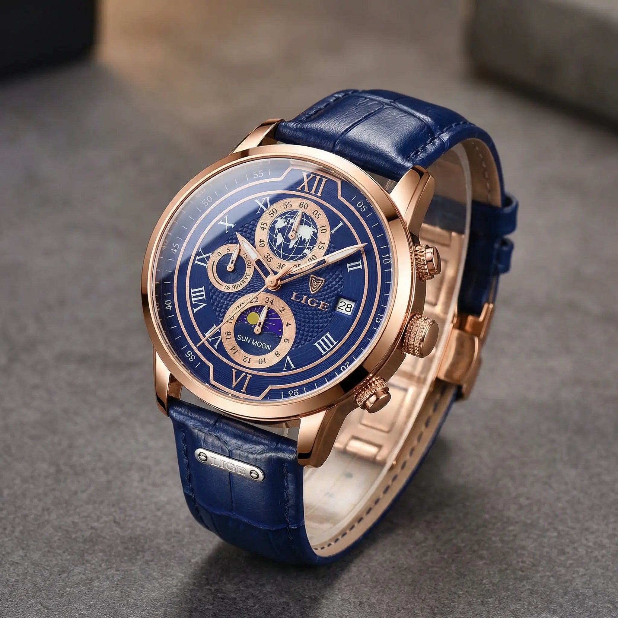Reloj Ejecutivo Hombre Azul Rose Gold | Fase Lunar, Calendario y 30M