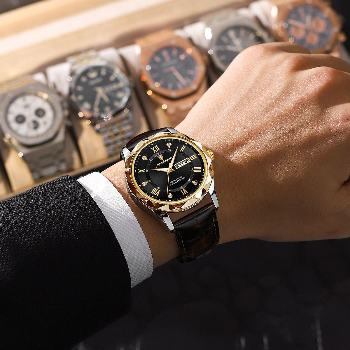 Reloj masculino elegante con correa de cuero marrón y esfera negra, detalles dorados.