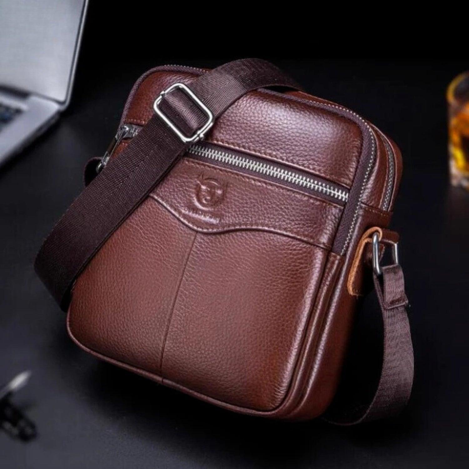 Bolso ejecutivo de piel sintética marrón para hombre con correa ajustable y cierre metálico
