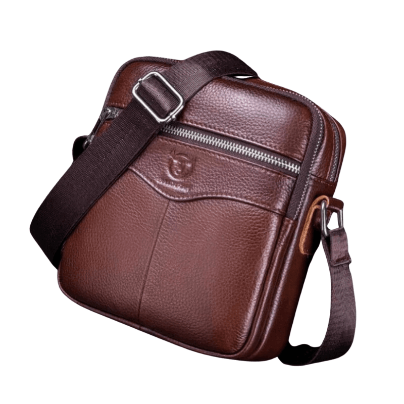 Bolso ejecutivo de piel premium marrón para hombre, estilo crossbody urbano con correa ajustable.