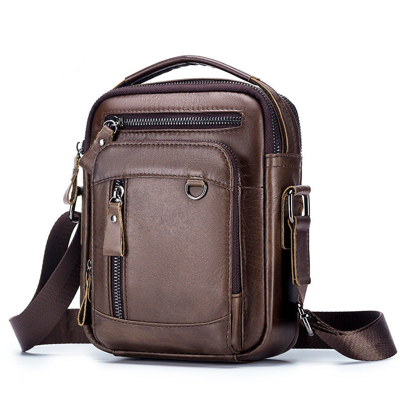 Bolso crossbody café oscuro de piel genuina compacto para hombre