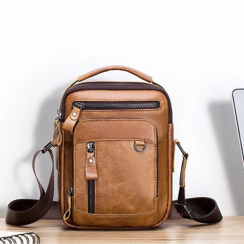 Bolso crossbody de cuero genuino para hombre, estilo urbano, con varios compartimentos