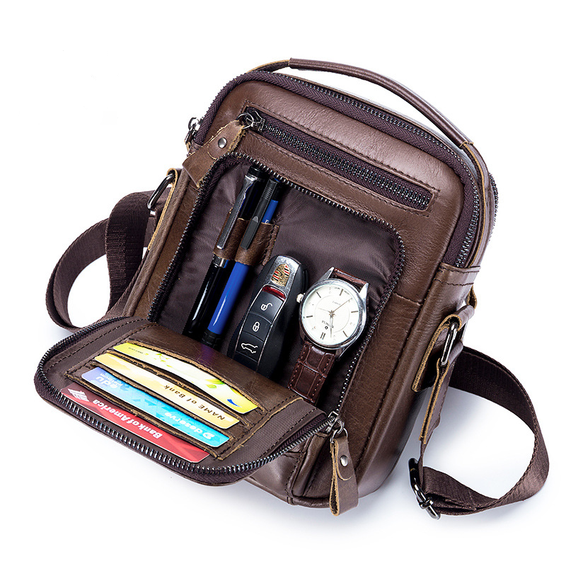 Bolso crossbody café oscuro de piel genuina compacto para hombre