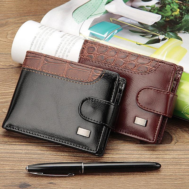 Carteras compactas para hombre de cuero PU en negro y marrón con broche, estilo elegante.