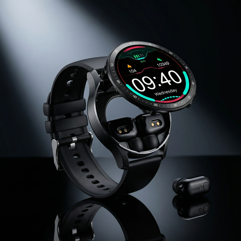 Smartwatch FUSION X7 negro con audífonos Bluetooth integrados vista frontal – Varón Urbano