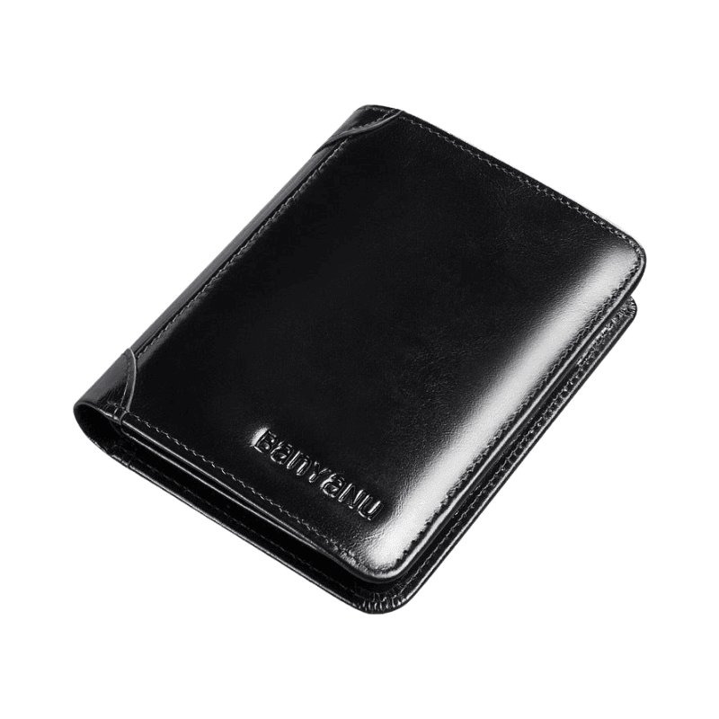 Cartera masculina de cuero negra clásica, elegante y compacta, sobre fondo blanco.