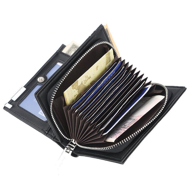 Cartera masculina de cuero negra con cierre, compartimentos para tarjetas y billetes