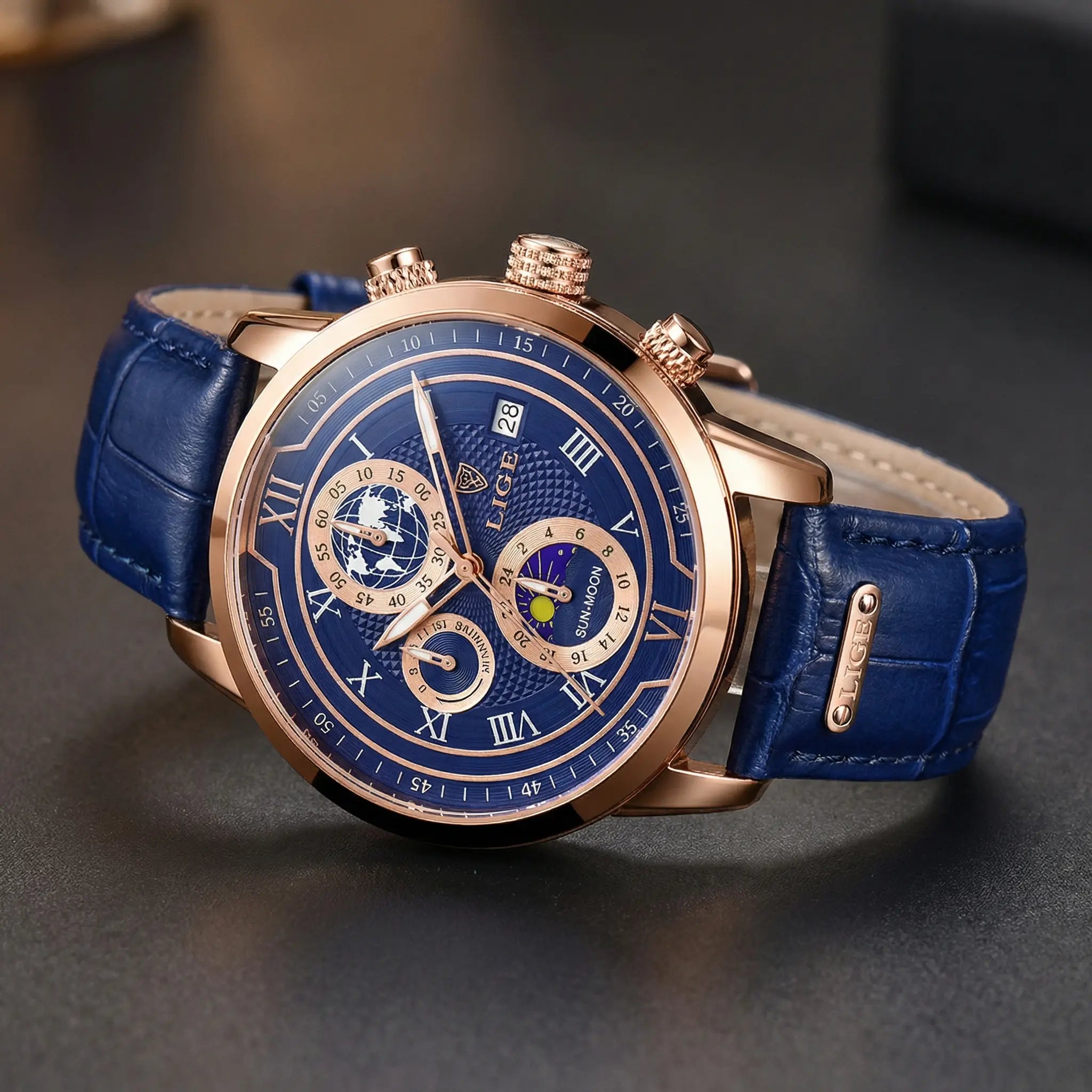 Reloj Ejecutivo Hombre Azul Rose Gold | Fase Lunar, Calendario y 30M