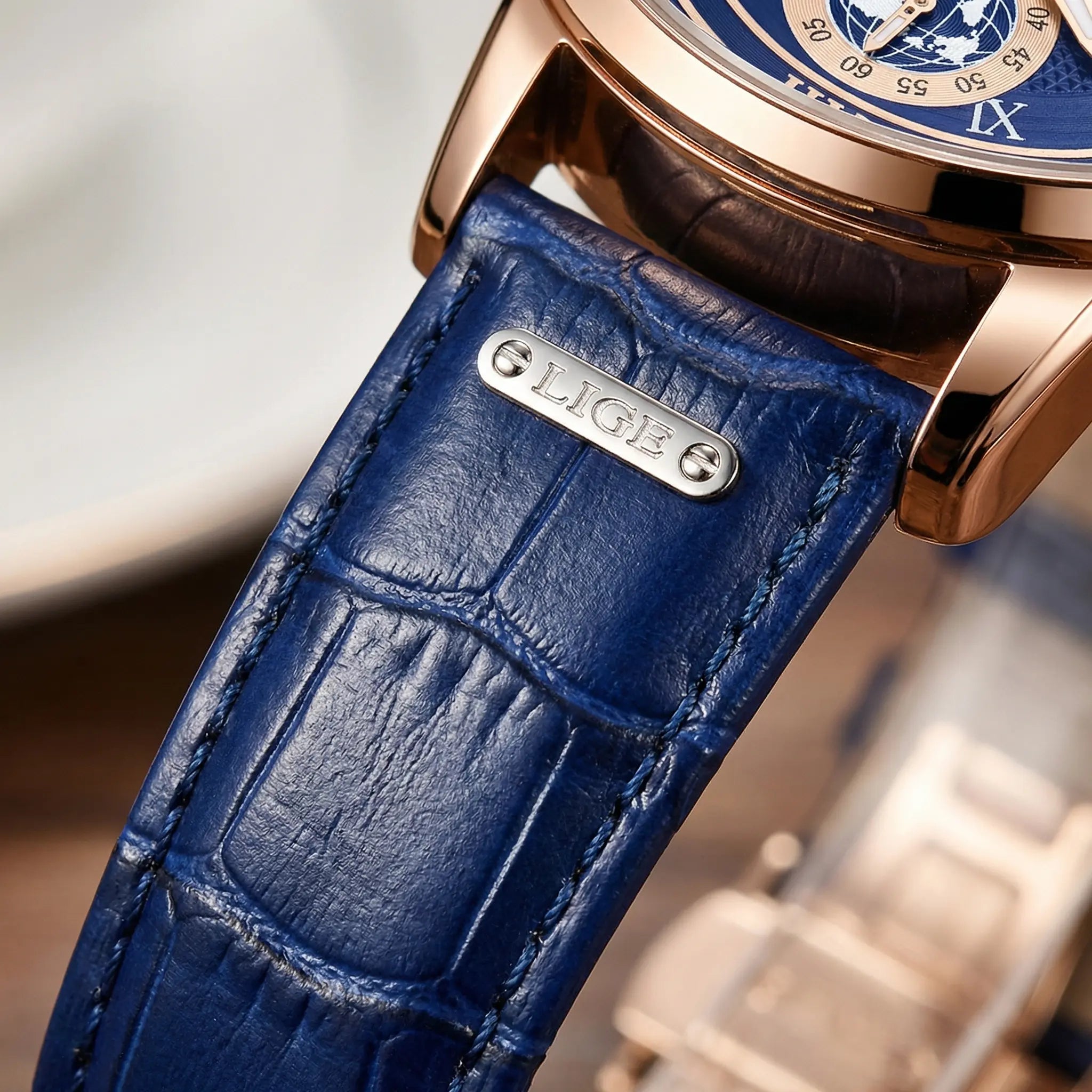 Reloj Ejecutivo Hombre Azul Rose Gold | Fase Lunar, Calendario y 30M