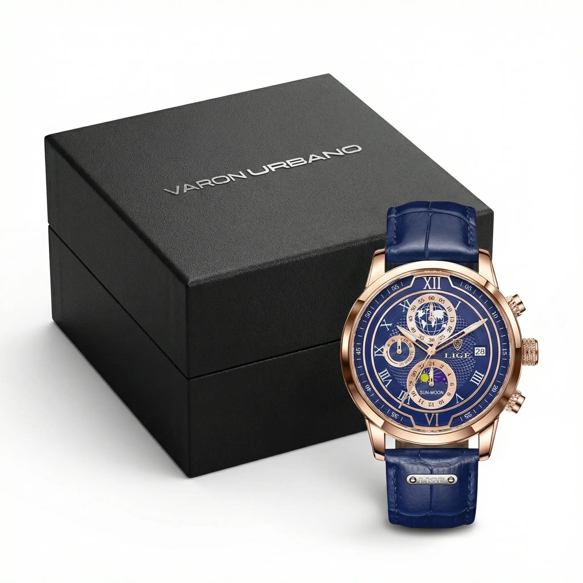 Reloj Ejecutivo Hombre Azul Rose Gold | Fase Lunar, Calendario y 30M