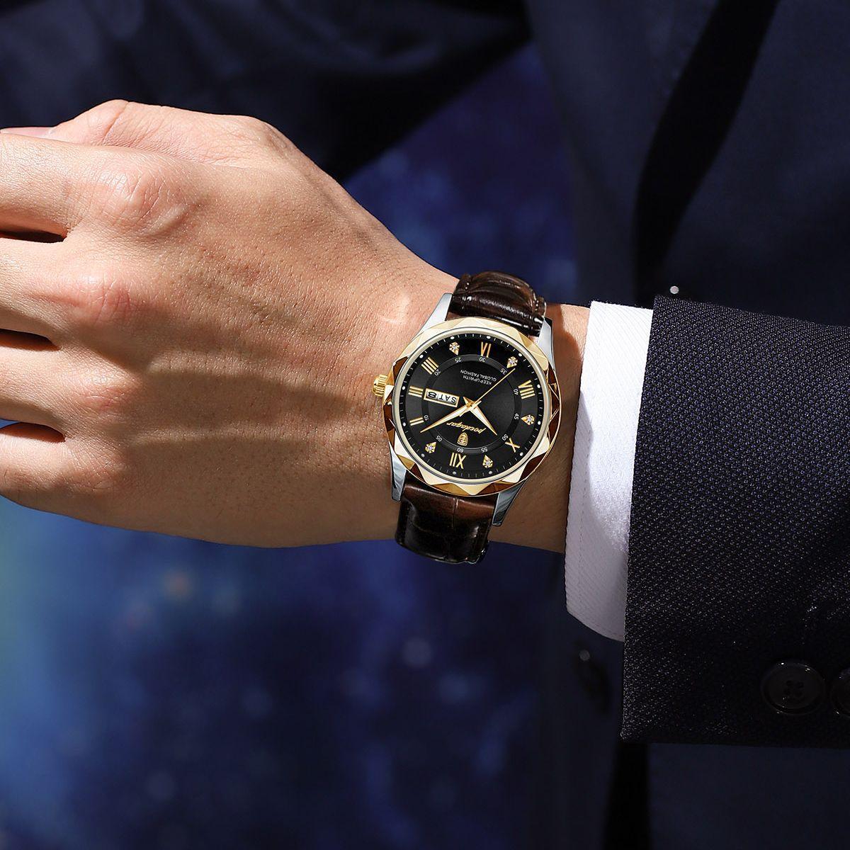 Reloj masculino elegante con correa de cuero marrón y esfera negra, estilo urbano