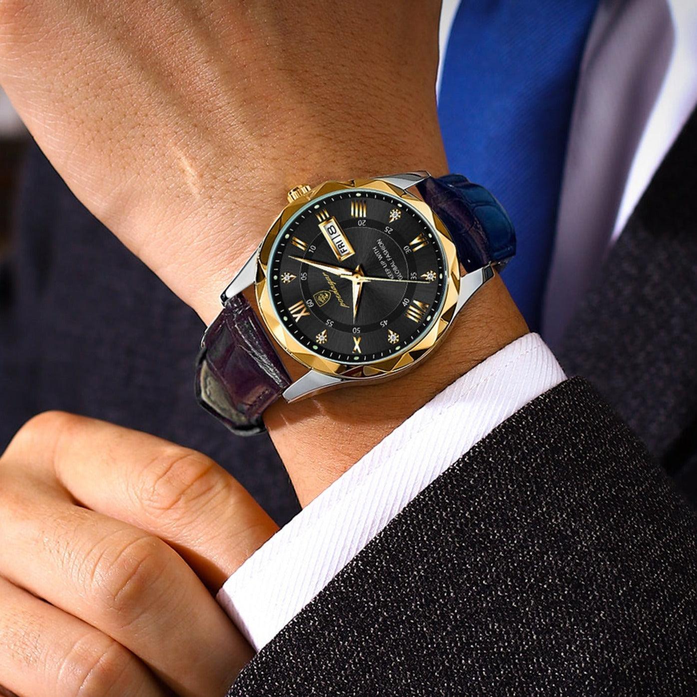 Reloj masculino de pulsera de cuero negro con esfera dorada, estilo elegante para hombre.